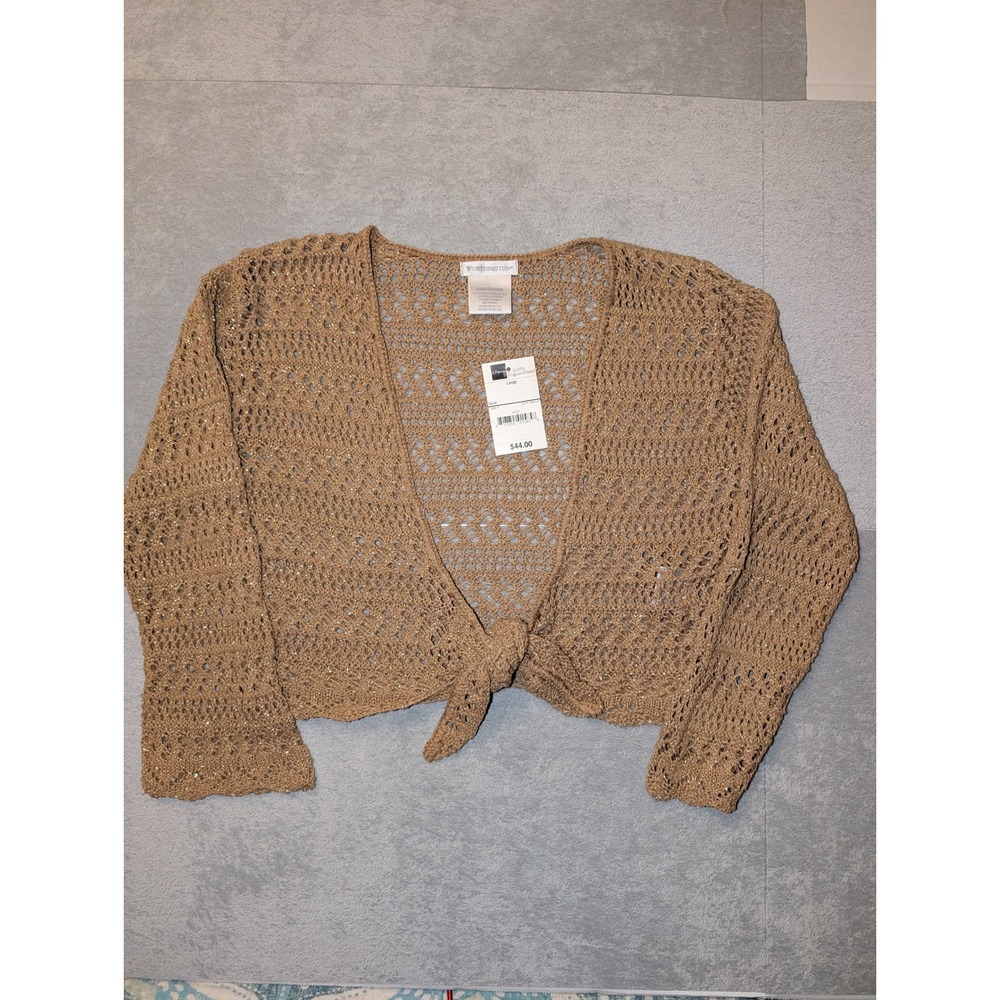 Worthington Women's Open Knit Tie Front Cropped Cardigan Gold Shimmer Large NWT